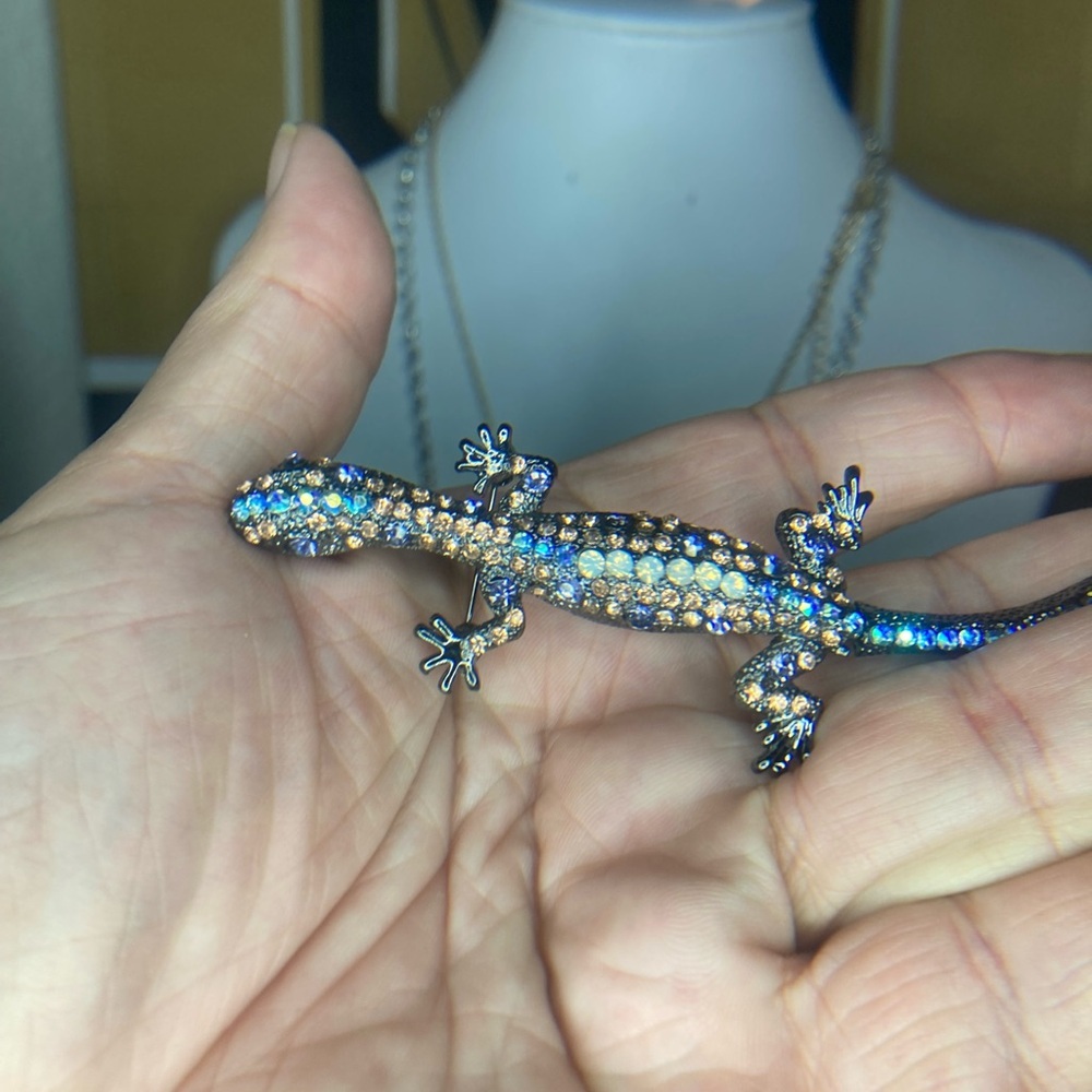 Crystal Lizard Brooch Pin - Blue and Gold Rhinestones